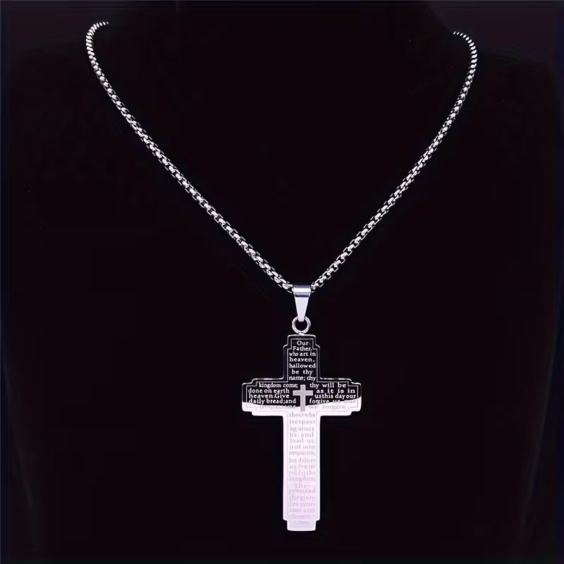 Lord's Prayer Cross Necklace — The Our Father Scripture Pendant | Stainless Steel Faith Necklace