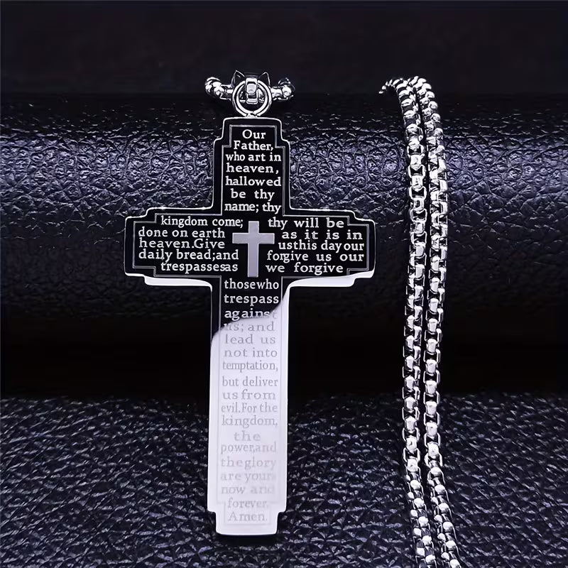 Lord's Prayer Cross Necklace — The Our Father Scripture Pendant | Stainless Steel Faith Necklace