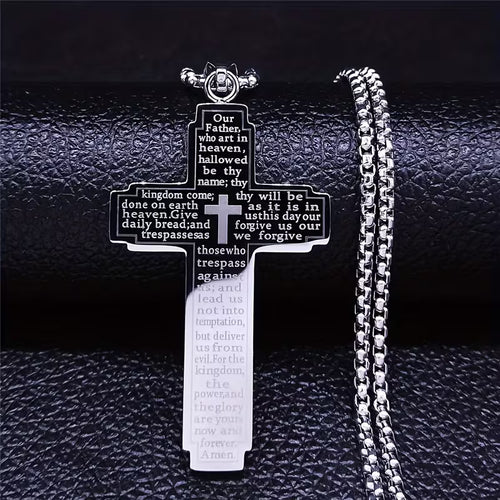 Lord's Prayer Cross Necklace — The Our Father Scripture Pendant | Stainless Steel Faith Necklace