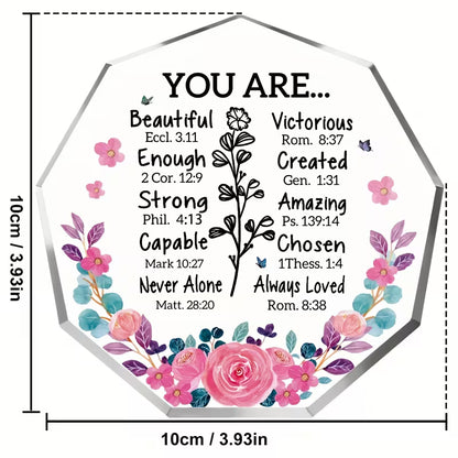 "You Are..." Scripture Affirmation Plaque — Christian Bible Verse Acrylic Decor | Floral Faith Gift for Women