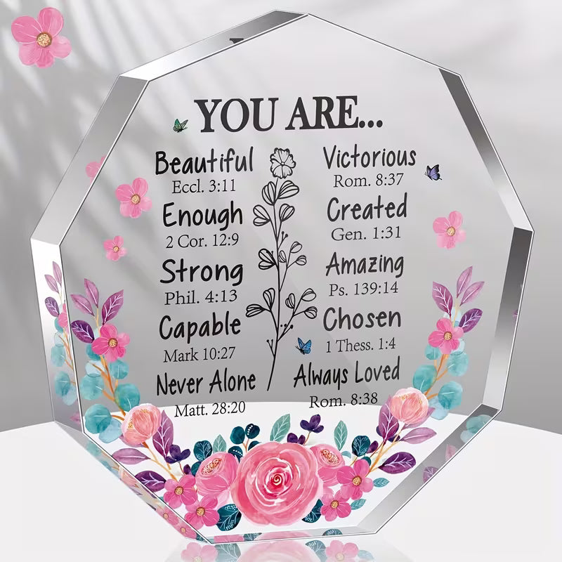 "You Are..." Scripture Affirmation Plaque — Christian Bible Verse Acrylic Decor | Floral Faith Gift for Women