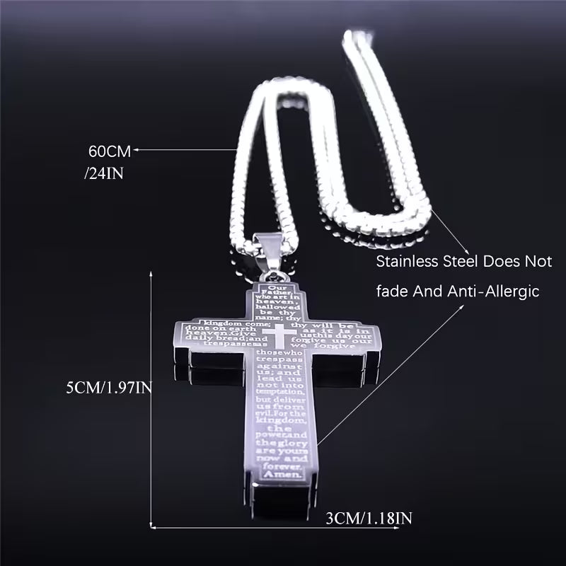 Lord's Prayer Cross Necklace — The Our Father Scripture Pendant | Stainless Steel Faith Necklace